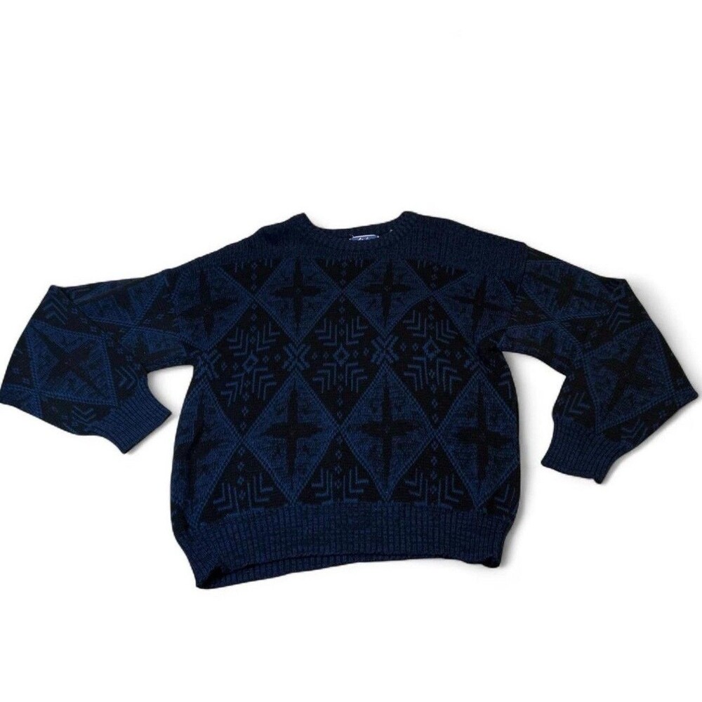 VTG Melange Knit Sweater Mens XL Blue Black Grandpa Cozy Acrylic